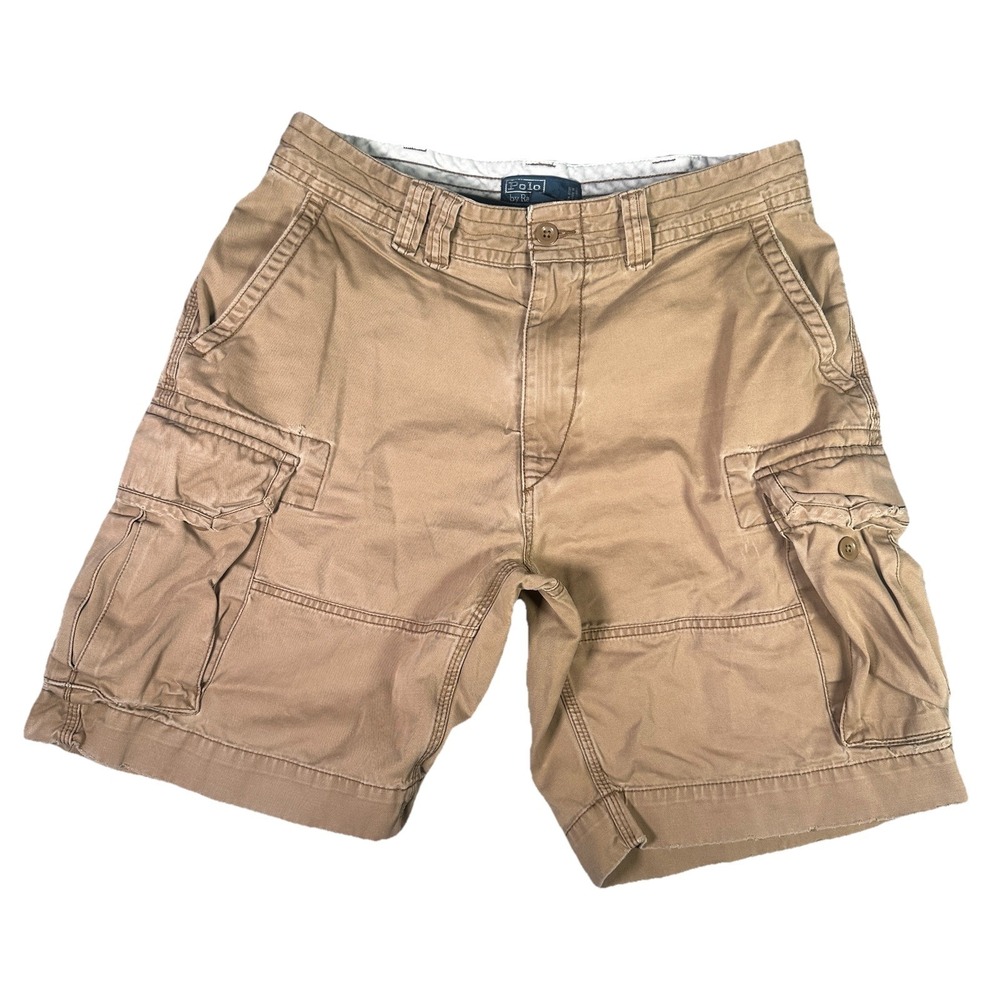 VTG Polo By Ralph Lauren Cargo Shorts Men's 34 Tan Pocket‎ Cotton Distressed Y2K